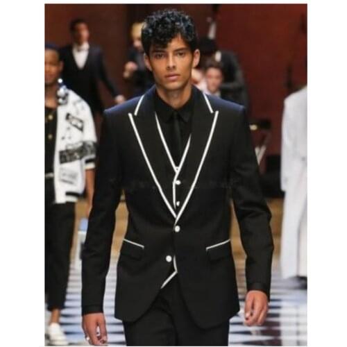 2019 Latest Coat Pant Designs Black White Trim Men Suit Slim Fit Custom Made Groom Prom Suits 3 Piece Wedding Tuxedos Blazer