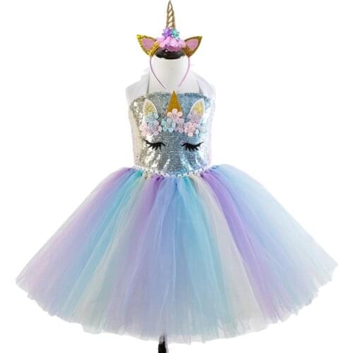 New Sequins Girls Tutu Dresses Headband for Birthday Party Unicorn Children Kids Dresses for Girls Handmade Tulle Tutu Dresses