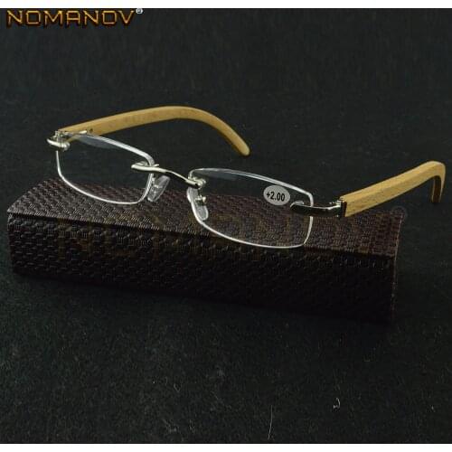 Natural Bamboo Wood Temples Frame Anti-fatigue Resin Rimless Reading Glasses +0.75 +1 +1.25 +1.5 +1.75 +2 To +4