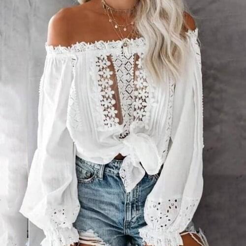 Solid Elegant Summer Fairy Sexy Off Shoulder Plain Lace Contrast Casual Blouse Long Sleeve Tops Female Streetwear