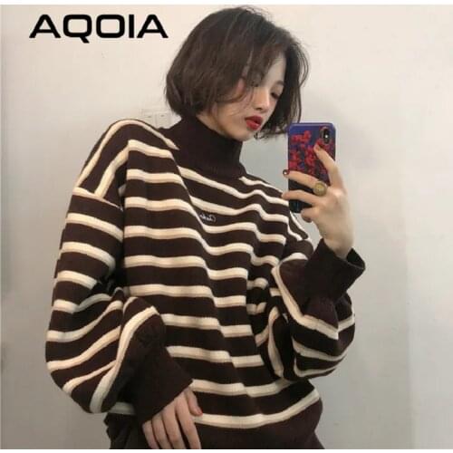 2020 Winter Chic Pullover Women Striped Turtleneck Loose Knitwear Sweater Trendy Ulzzang Warm Student INS Coat Soft Daily Jumper