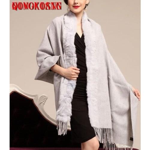 SC311 Winter Pashmina Wool Cashmere Warm Thick Shawl 2019 Cape Women Rabbit Fur Collar Cape Big Bufanda Chal Scarf With Tassel