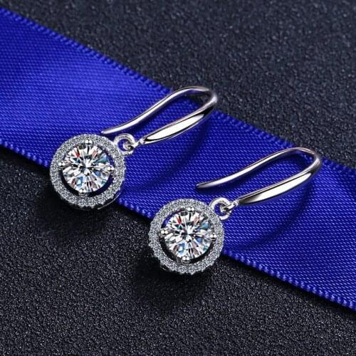 Silver Excellent Cut Total 1-2 Carat Real Diamond Test Passed D Color High Clarity Round Moissanite Drop Earrings Female Gift