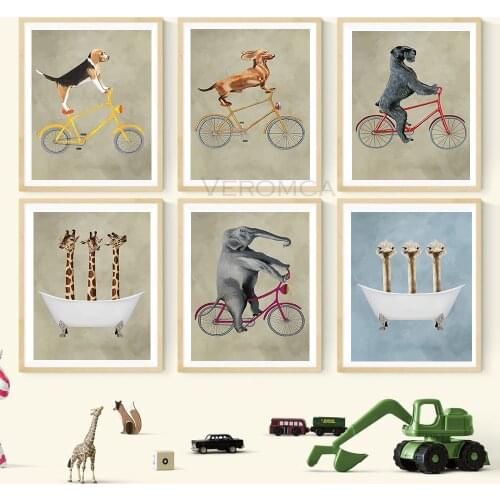 Nordic Cartoon Animal Print Canvas Painting Bicycle Dog Giraffe Ostrich In Bathtub Poster Children Room Wall Art Decor Pictures