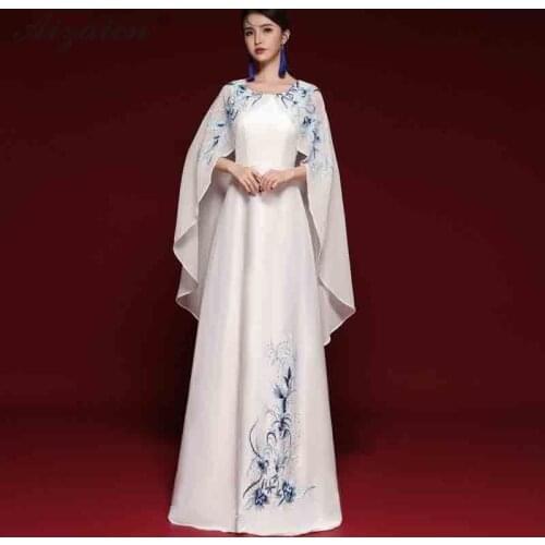 Chinese Traditional Evening Dress With Showl Qi Pao Women Blue White Long Cheongsam Modern Oriental Style Fashion Show Qipao