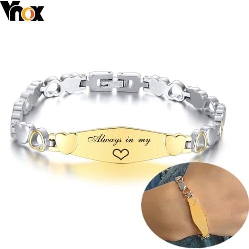 Vnox Personalize Engraving ID Bar with Heart Chain Bracelets for Women Men Unisex Custom Anniversary Gifts Jewelry