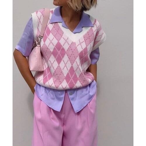 Vintage Diamond Crochet Sweaters Vest Pink Stitching Y2K Harajuku Fashion Pullover Woolen Waistcoat Sweatershirt Preppy Stylish