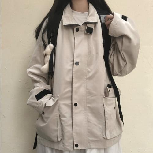 Autumn Winter New Women Jacket Zipper Stand Neck Long Sleeve Coat Vintage Causal Pockets Cargo Jackets