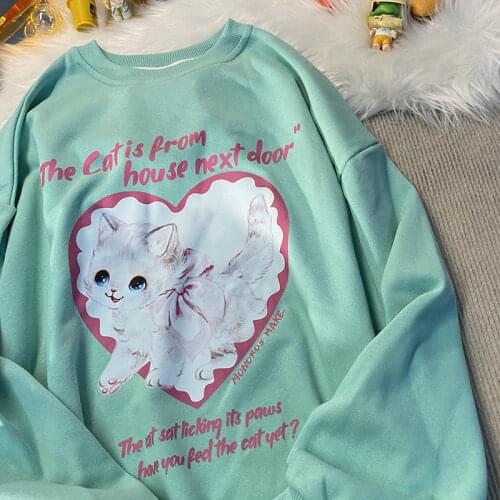 High Quality Green Sweet Heart Cat Sweatshirt Women Oversized Fashion Tops Kawaii Clothes for Teens Harajuku Plus Size Hoodies