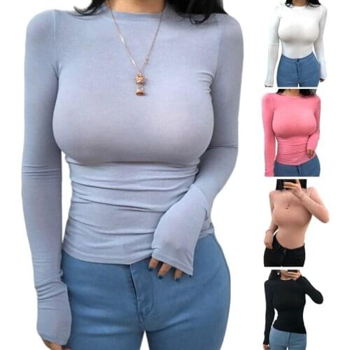 Women Long Sleeve O-Neck Thin T-Shirt Plain Solid Color Micro Perspective Pullover Tops Bodycon Stretch Basic Streetwear