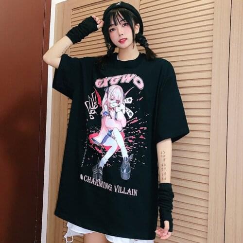 Dark Vintage Kawaii Cartoon Anime Print Loose Short Sleeve T-Shirt Tops Punk Black Y2K Women T-Shirt Streetwear Harajuku Clothes