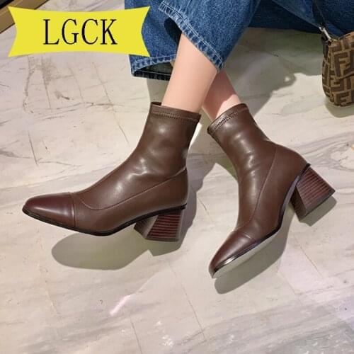 Plus Size 34-43 Genuine Leather Slim Stretch Ankle Boots for Women Round Toe Sock Boots Square High Heel Boots Woman Fashion