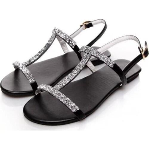 BLXQPYT 2020 New Summer Women Sandals Flats Casual Gladiator Sandals Fashion Bling Black white Beach Flat Shoes Women 1920-10