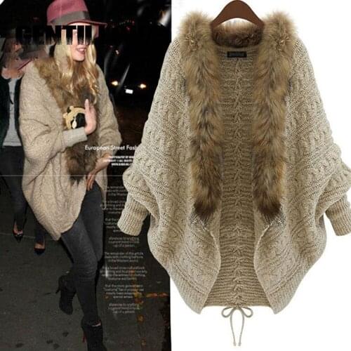 Loose Women Fur Neck Knitted Cardigan Long Batwing Sleeve Oversized Sweater Casual Female Autumn Winter Vintage Elegant Shirt
