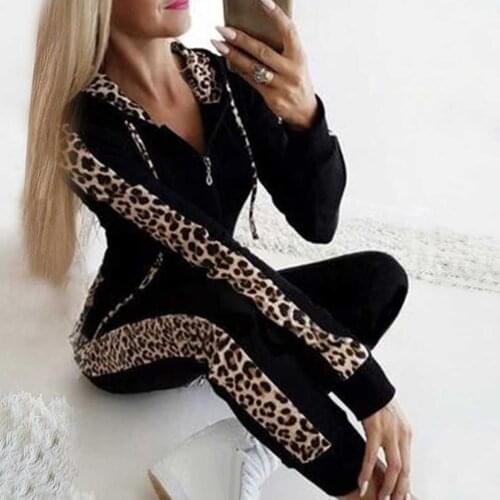 Women Casual Leopard Tracksuit Long Sleeve Hooded Sports Top Pants Two Piece Set Sweatshirt Sweatsuit Jogging Mujer Clothes