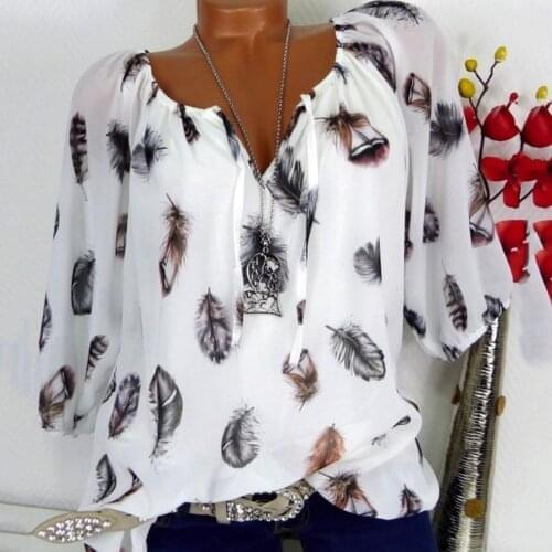 Feather Print V Neck Chiffon Elegant Blouse Shirt Women 2021 Summer Flare Sleeve Tops Femme Summer Blouses Blusas Plus Size 5XL