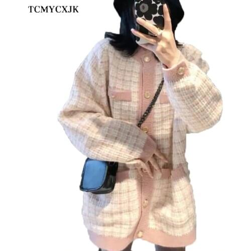 Cardigan Sweater Coat Womens Autumn 2021 Fashion Loose Houndstooth Knitted Cardigan Womens Single-breasted Long Sleeve Sweater