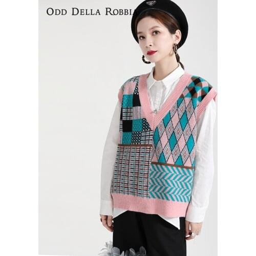 OddDellaRobbia Spring New Women Fashion Bohemian V-Neck Knit Vest College Style Rhombus Contrast Color Sleeveless Pullover 1976