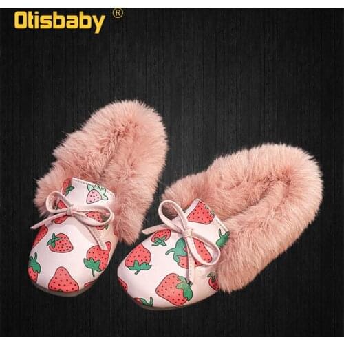 2021 Children Keep Warm Strawberry Print Girls Fur Plus Velvet leather Shoes Kids Peas Shoes Child Flat Super Light Footwear
