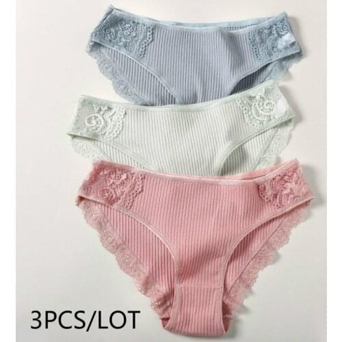 3PCS/Set Cotton Underwear Womens Panties Comfort Underpants Floral Lace Briefs For Woman Sexy Low-Rise Pantys Intimates M L XL