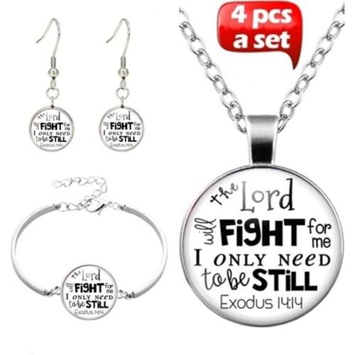4pcs/Sets bible verse necklace Bracelet Earring the lord will be fight for you Exodus 14:14 you need only be still jewelry