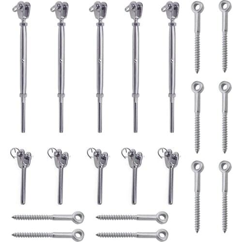 5pcs Stainless Steel Cable Railing Kits for 1/8" Cable Include 5pcs Jaw Swage Stud Turnbuckle 10pcs Fork Terminal Lag Screw Eye