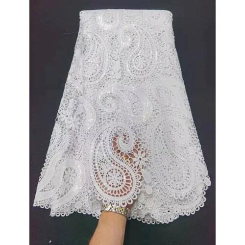 5yards/pc) High quality pure white African cord lace fabric with sequins embroidery 2021 soft water soluble lace WZZ029