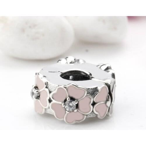 925 Sterling Silver Clip Charms 2 colors Poetic Blooms Flower with Enamel & Clear Stopper Bead fit Pandora Charm Bracelet