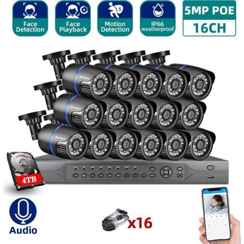 AHCVBIVN 4K 16CH 5MP H.265+ System 16CH POE CCTV Security NVR Kit Outdoor Waterproof IP Camera 5MP Surveillance System With 4TB