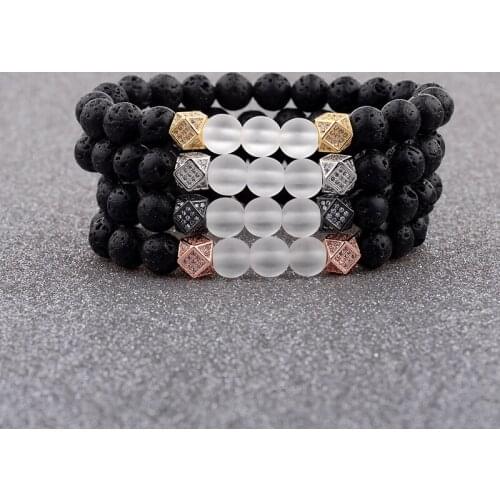 Amader 4 Color Zircon Men Bracelet Micro Pave CZ Copper Geometric Charm Bangle Natural Black Volcanic Rocks Stone Women AB613
