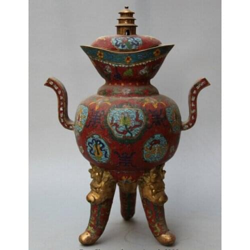 Bi001585 14" Chinese palace Cloisonne Bronze Gild Beast Head Pagoda Incense Burner Censer