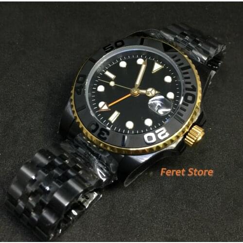 BLIGER 40mm GMT Sterile Mens Business Watch Black PVD Case Black dial Sapphire Glass Black ceramics Bezel Date Automatic Watch