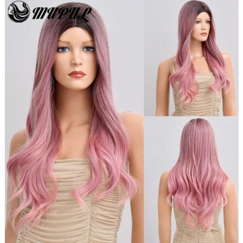 Long Pink Wave Colored Ombre Daily Hair Synthetic Wig For White Women Party Nutural Heat Resistant Fiber Female Wavy Girl Wigs