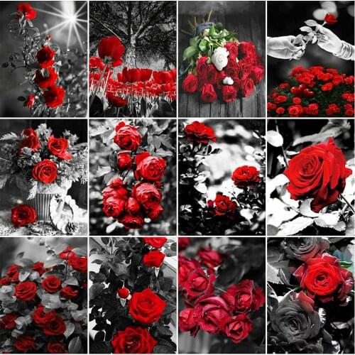 EverShine Diamond Embroidery Flowers Full Drill Diamond Mosaic Rose Cross Stitch Art Black Red Picture Rhinestone Handicraft