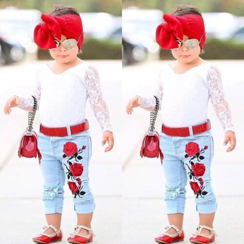 Newborn Kids Baby Girls Fashion Cute LongSleeve Flower Lace Tops Denim Embroidered Hot Pants Outfits Set Clothes