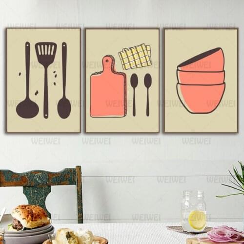 Kitchen Tableware Pink Bowl Poster Home Restaurant Kitchen Wall Decoration Hd Printing Cutting Board Spoon Etc Canvas Painting