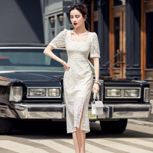 Summer Hollow Out Fashion Dress Sexy Women Mid-length Lace Dress Square collar Short Sleeve Lace Maxi Dress evening dresses