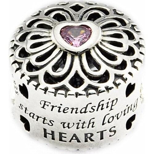 Love Heart & Friendship Pink CZ Beads for Charms Bracelets Women Sterling Silver 925 Jewelry DIY Charm Beads for Jewelry Making