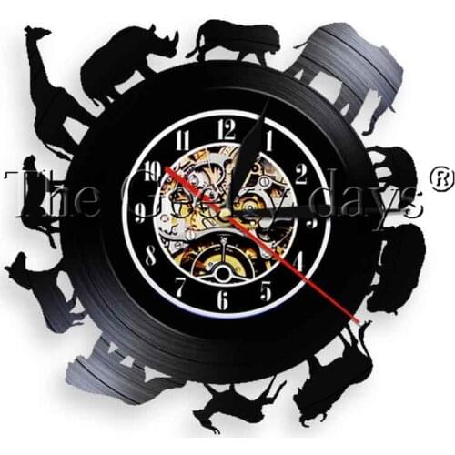 Africa Animals Vinyl Record Wall Clock Led Silhouette Night Lights Unique Gift Idea For Wildlife Animals Lover