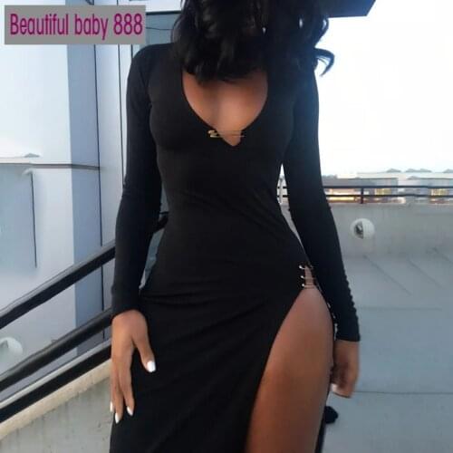 Meqeiss 2020 New Black Long Sleeve Pins Split Sexy Maxi Dress Fashion Outfits Club Party V-Neck Solid Womens Dresses Vestidos