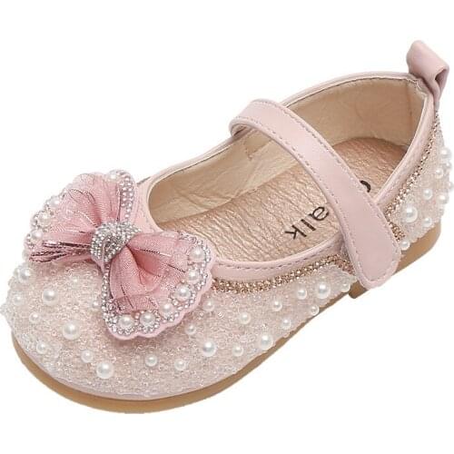 2021 Spring and Autumn New Girls Leather Shoes Children Western Style Rhinestone Princess Shoes Soft Sole Sweet Bow-knot Pearl