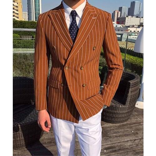 New Orange Mens Suit Double-breasted Striped Blazer Prom Party Peak Notched Lapel Jacket Tuxedo Groomsmen Custom(Blazer+Pants)