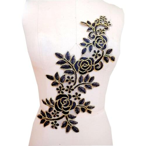 Sew on black lace applique with Golden wire edge Delicate embroidered 36*15cm