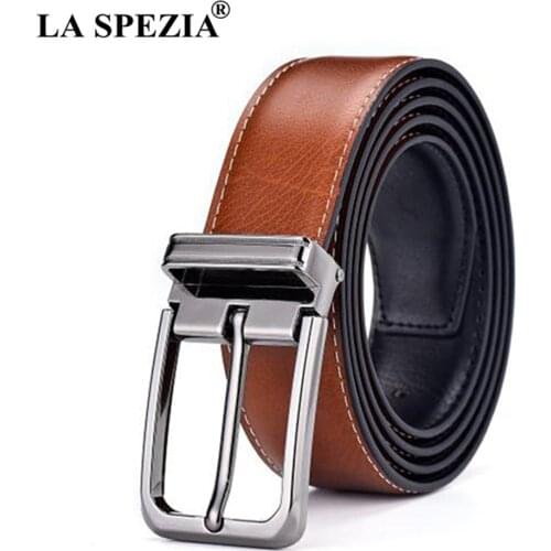 LA SPEZIA Double Sided Genuine Leather Belt Male Brown Black Men Casual High Quality Belt Pin Buckle Real Leather Belts for Men