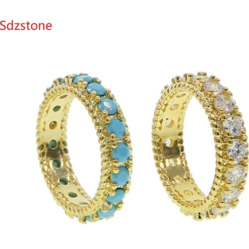Sdzstone Round Band Natural Stone Rings For Women Men Vintage Dual Color Blue Beads Turquoises Finger Rings Party Jewelry