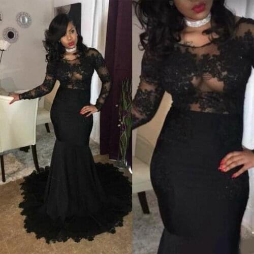 Sexy Black Mermaid Prom Dresses Long Sleeves Lace Applique African Evening Gowns Zipper Back Vestidos De Festa
