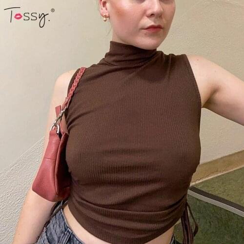 Tossy Ribbed Knitted Turtleneck Top Tee Skinny Slim Bodycon Crop Top Brown Sleeveless Drawstring Tank Tops Women Streetwear 2021
