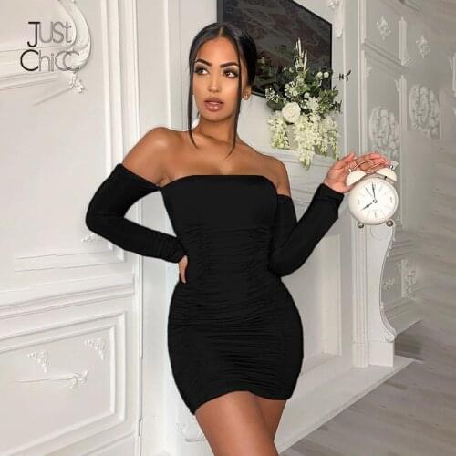 Justchicc Ruched Party Dress Women Long Sleeve Off Shoulder Dress Mini Shining Solid Female Bodycon Sexy Dresses Autumn 2021