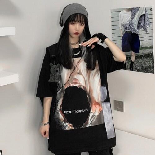 Womens 2021 New Summer Hip-Hop Tee Korean Version Ins Harajuku Style Street Graffiti Short-Sleeved T-Shirt Loose White Blouse