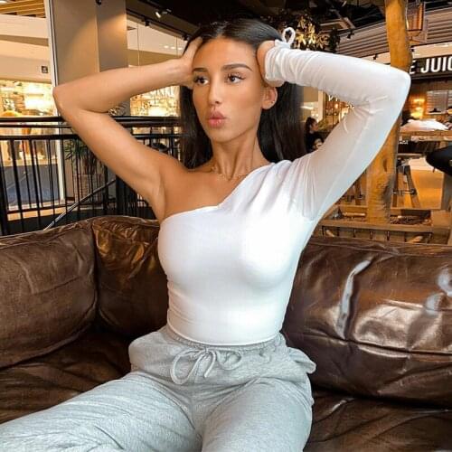 Women One Shoulder Long Sleeve T Shirts 2020 Autumn Harajuku Crop Tops Girls Black White Blue Solid Color T-shirt Cotton Femme